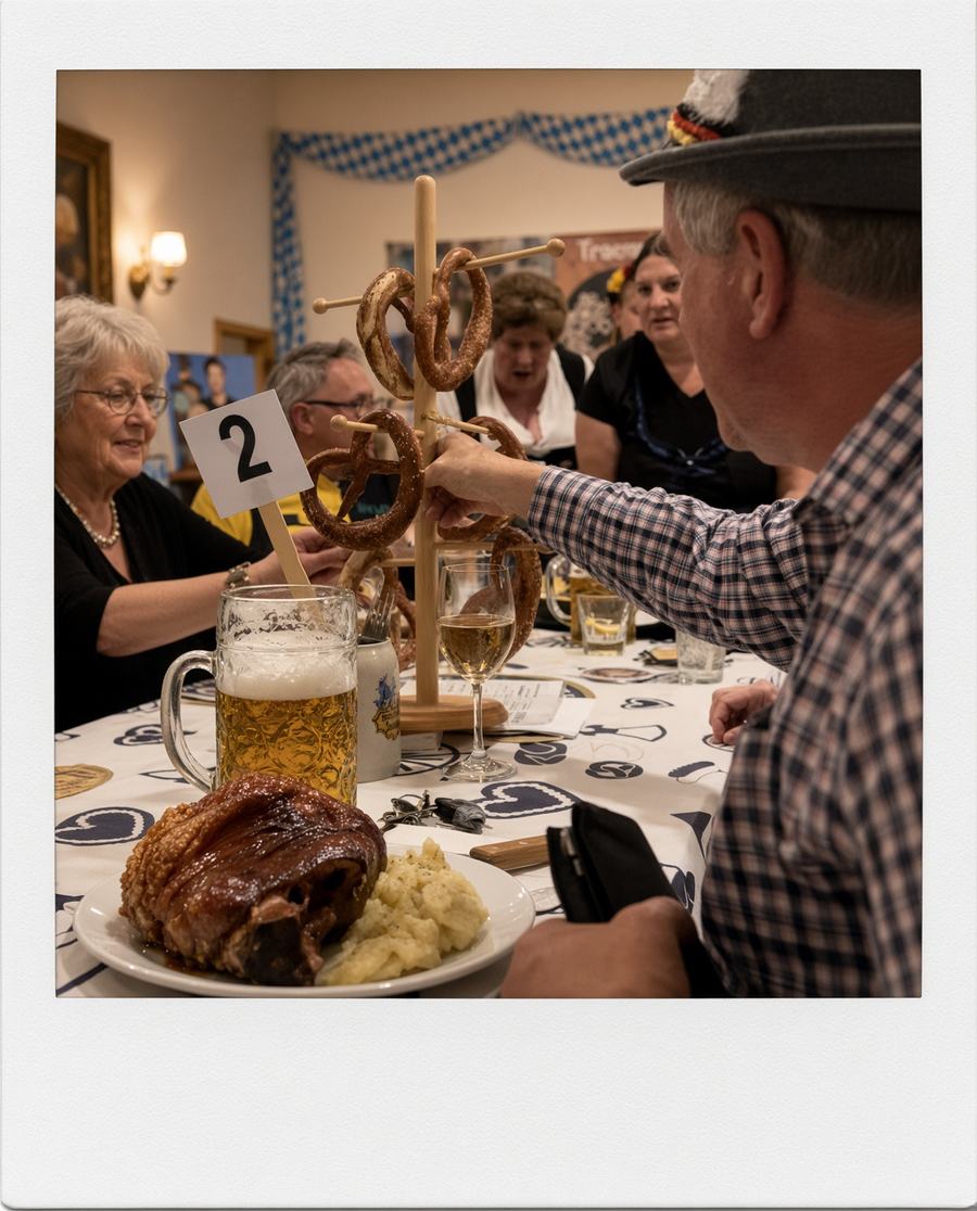 Pork knuckle with potato salad, a litre stein and a pretzel tree at an Oktoberfest table at Heimat